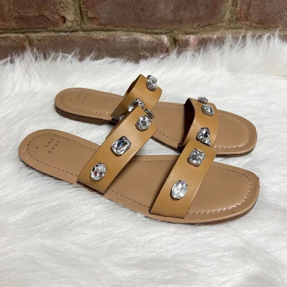 A New Day Women’s Tan Brit Studded Jeweled Sandals Size 8